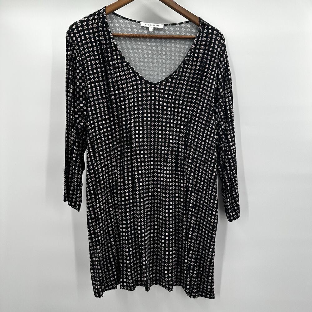 Rose Olive Blouse‎ Shirt Top Womens 2X Black Tunic Printed Rayon Stretch